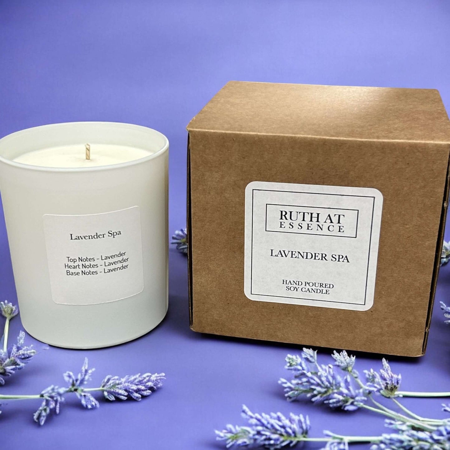 Handmade Lavender Spa candle with eco-friendly packaging, vegan friendly, ideal for relaxation and soothing ambiance.