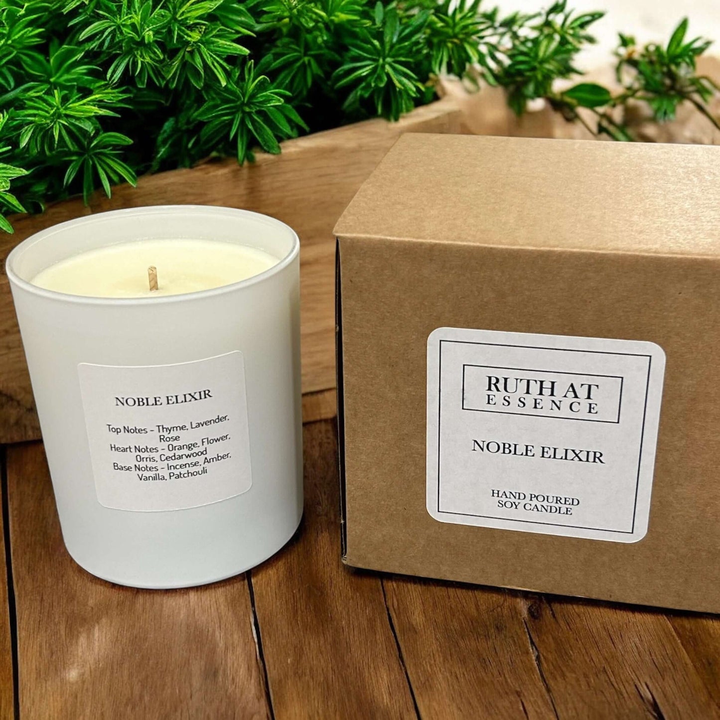 Handmade Noble Elixir candle 220g in a white jar, with natural ingredients and vegan-friendly.