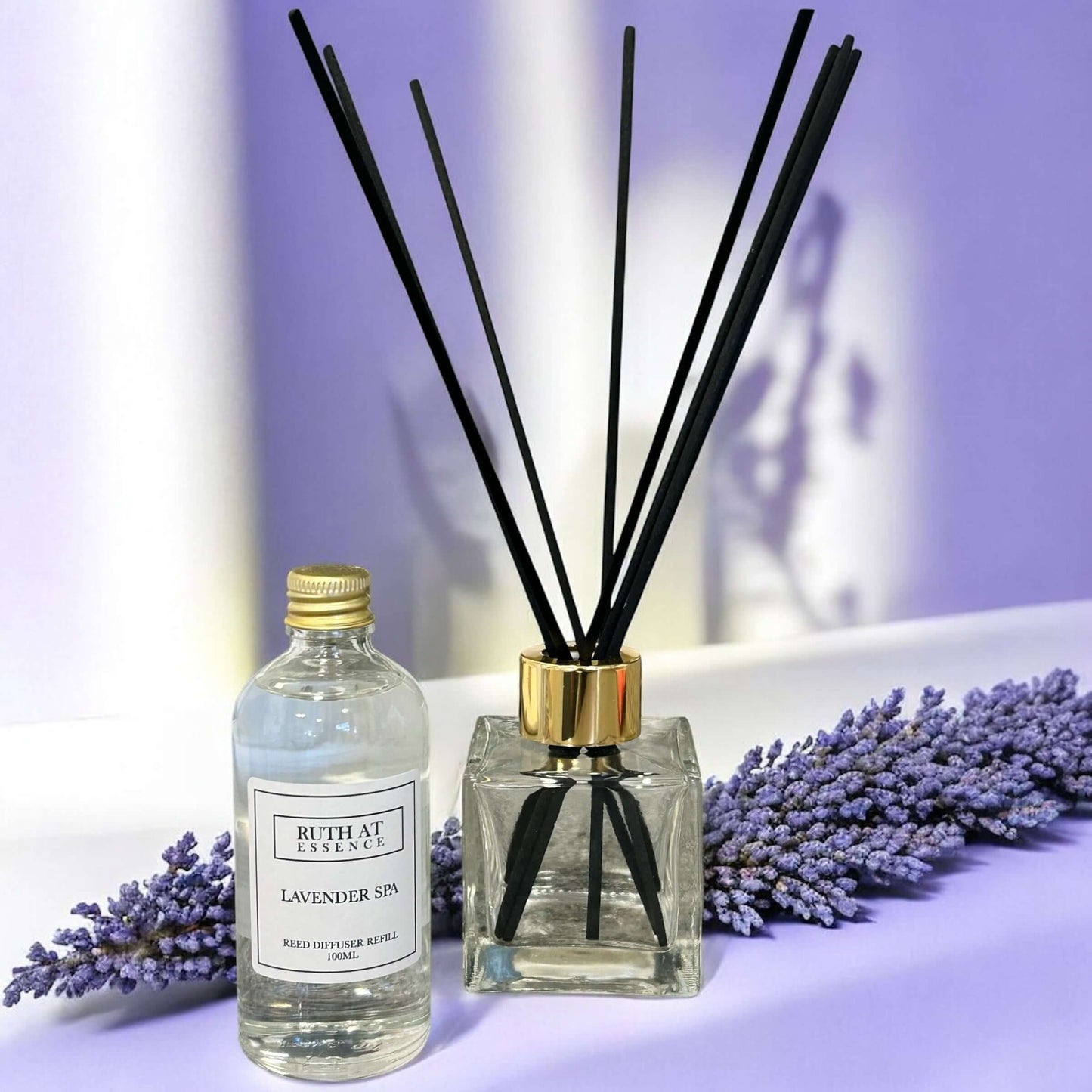 Handmade lavender spa diffuser refill 100ml with reeds and lavender flowers for a relaxing atmosphere.