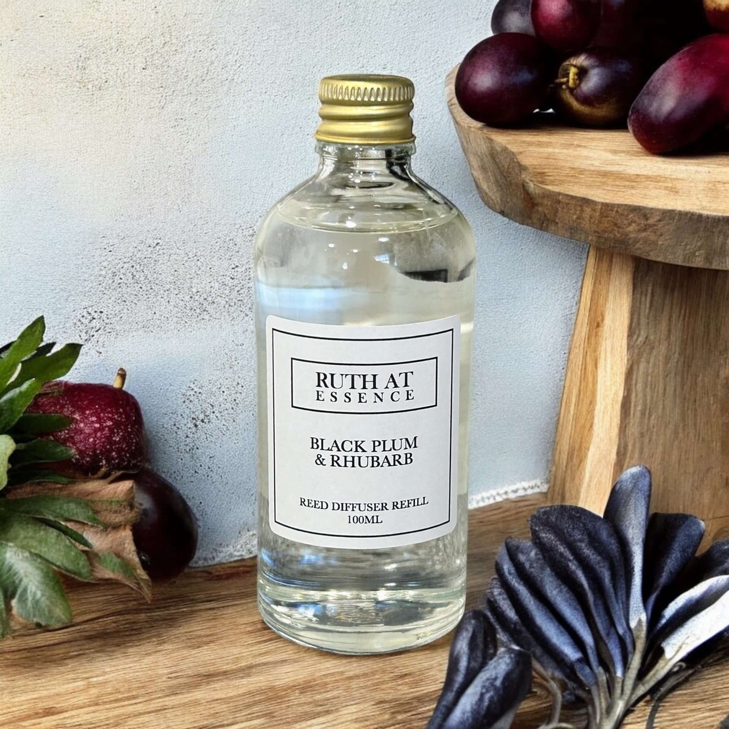 Handmade Black Plum & Rhubarb reed diffuser refill 100ml, vegan friendly, aromatic scent for home.
