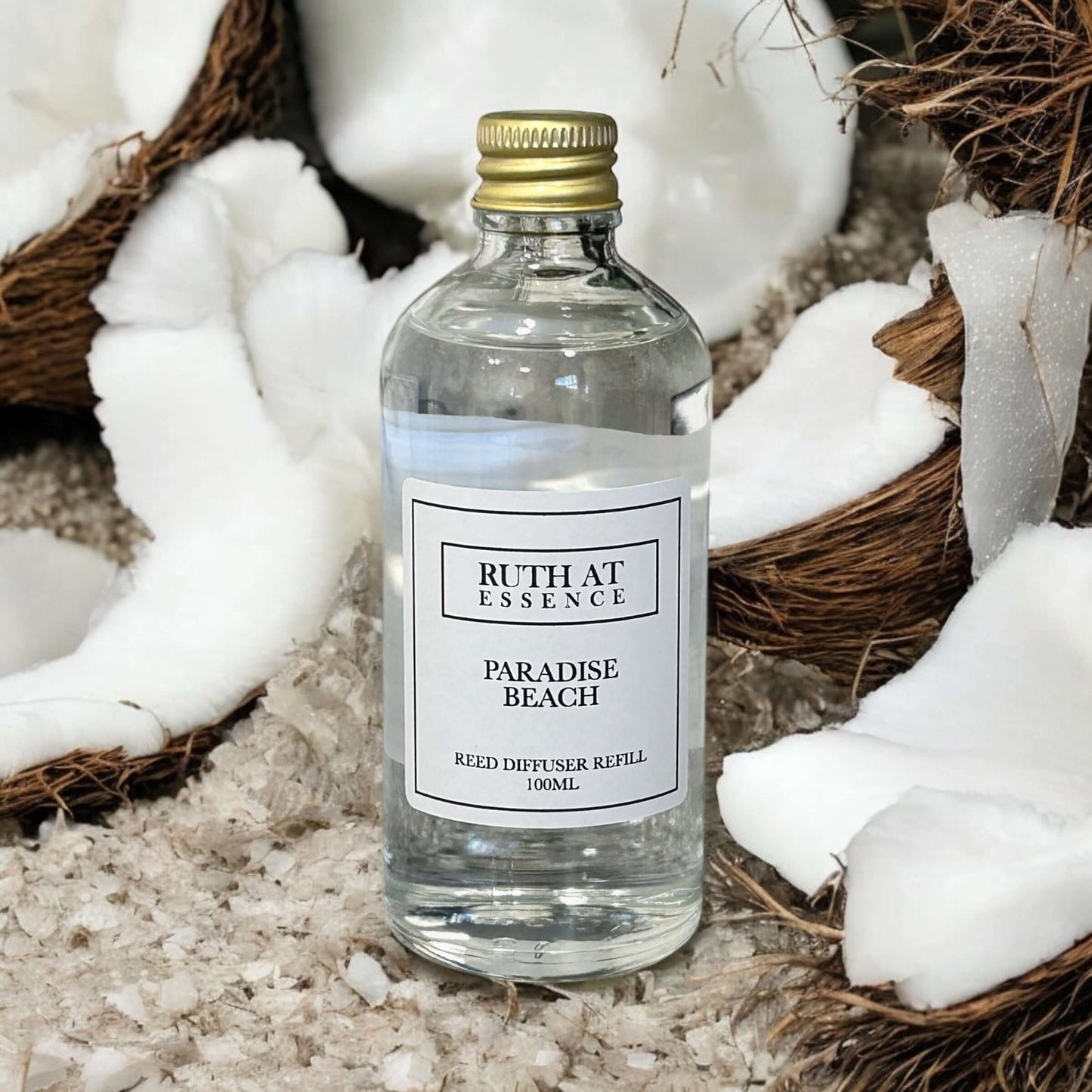 Handmade vegan reed diffuser refill 100ml for Paradise Beach scent with coconut and vanilla.