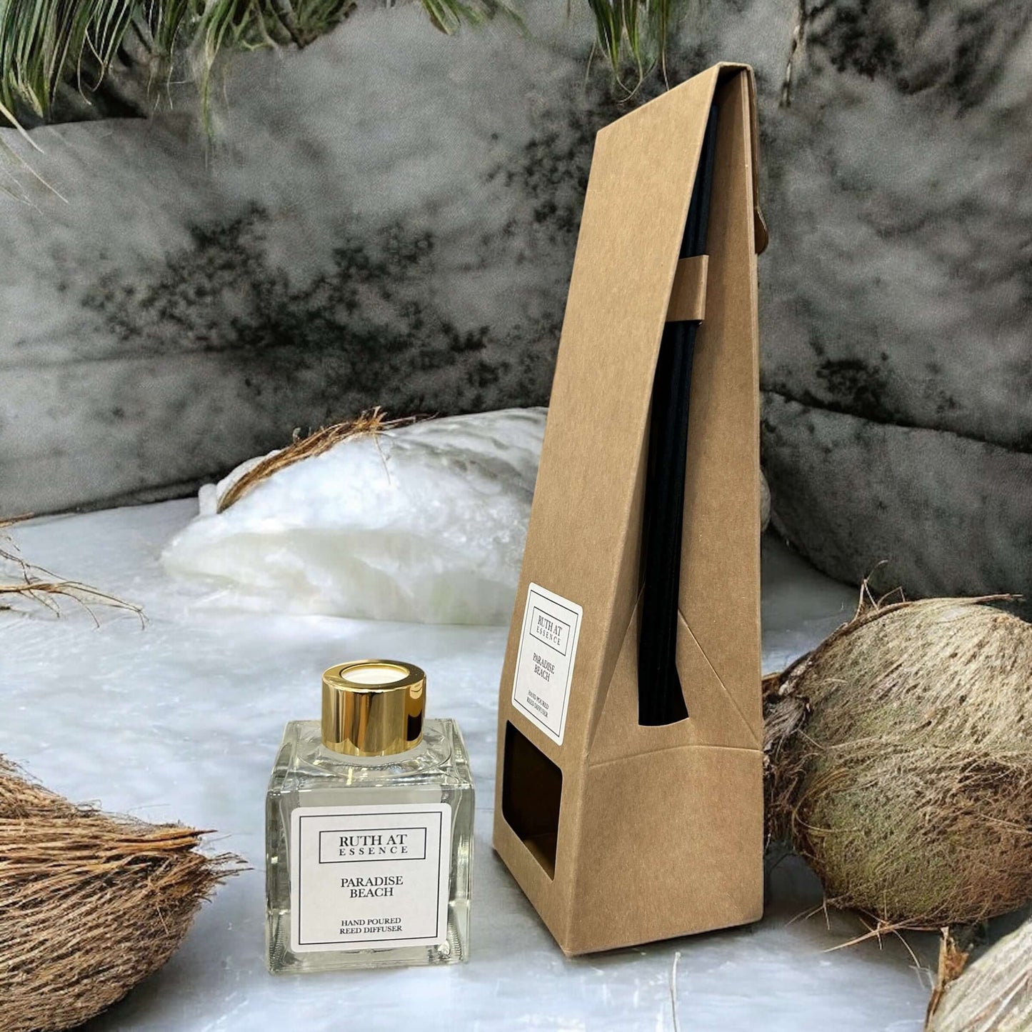 Handmade Paradise Beach reed diffuser packaging with coconut and ocean elements, vegan friendly home fragrance.