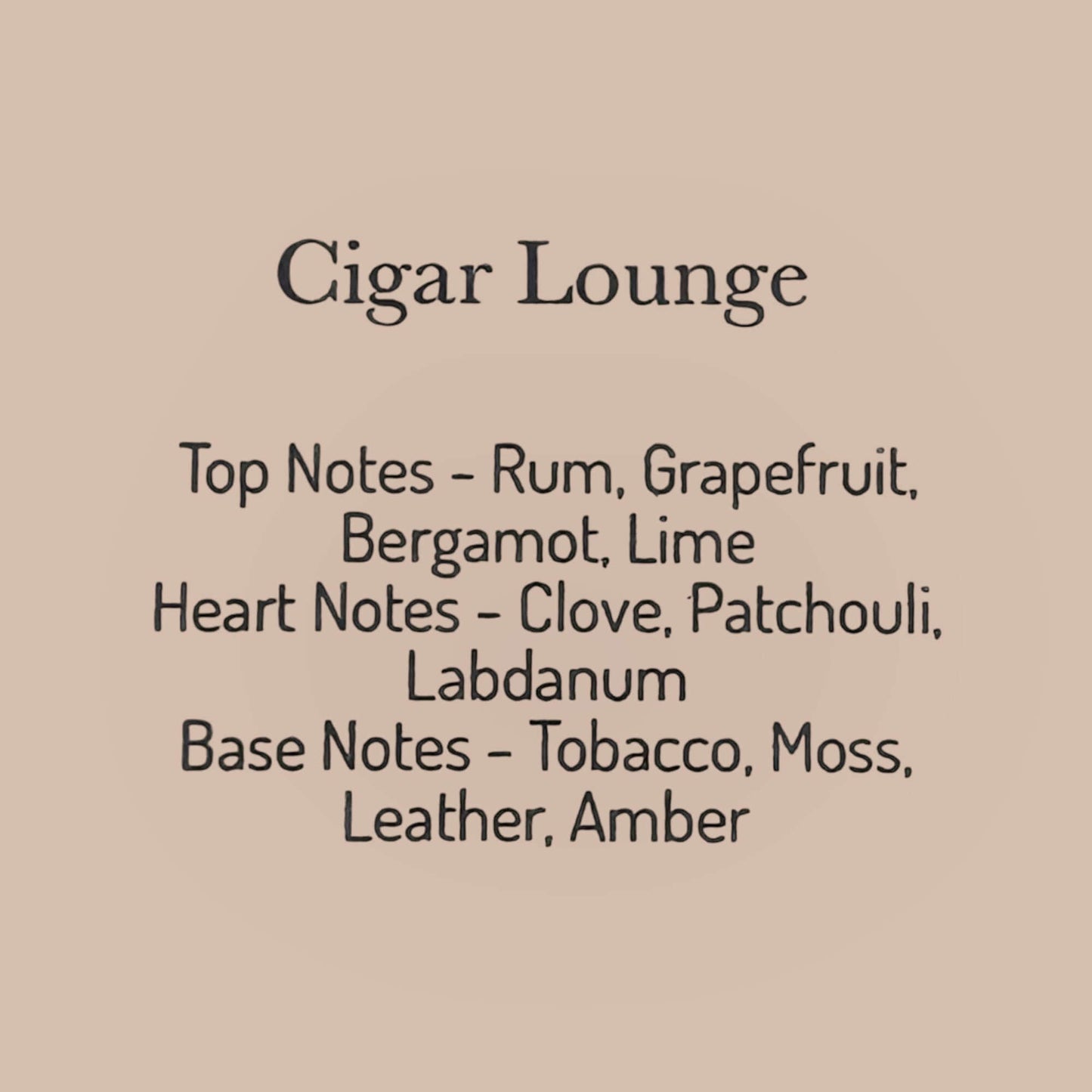 Cigar Lounge fragrance notes listing rum, grapefruit, bergamot, lime, clove, patchouli, tobacco, moss, leather, amber.