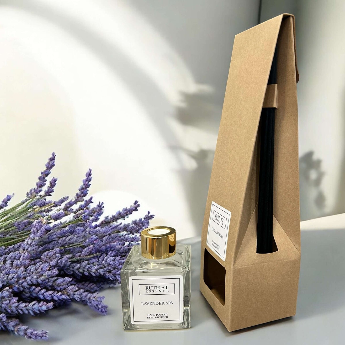 Handmade Lavender Spa reed diffuser with packaging, vegan friendly, candle alternative for relaxing ambiance.
