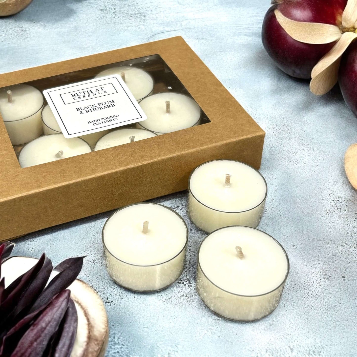 Black Plum & Rhubarb vegan friendly tea lights box featuring handmade candles, with aromatic berry scents.