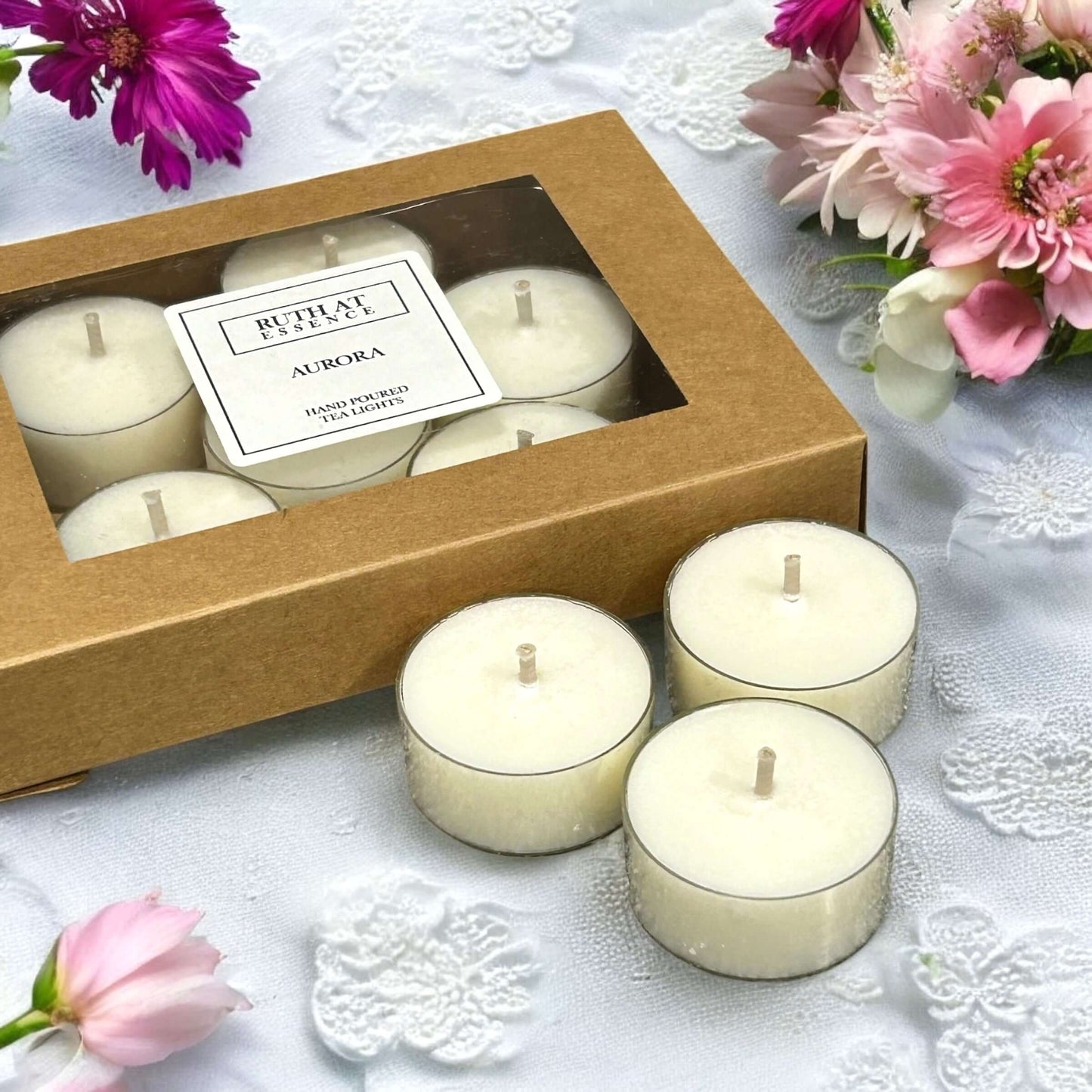Handmade Aurora tea lights box with 9 vegan friendly candles.