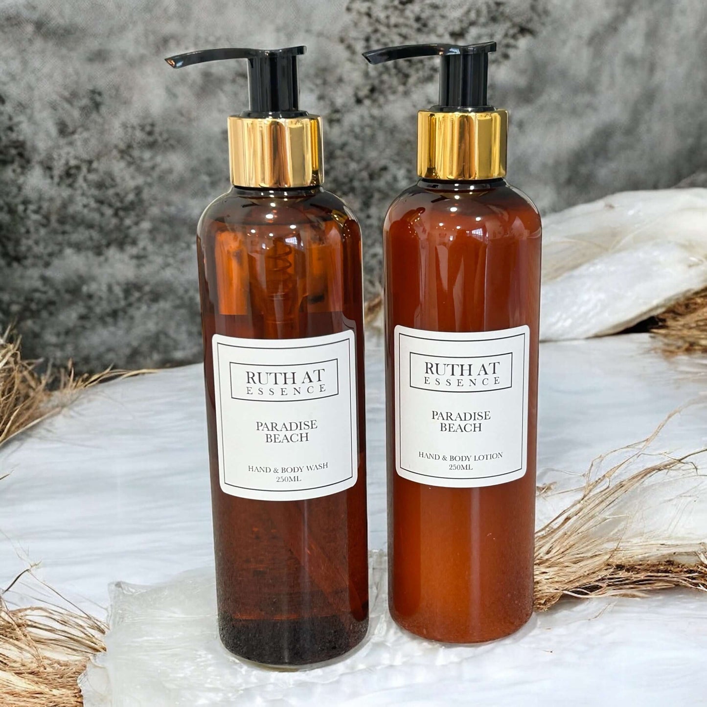 Paradise Beach Hand & Body Wash and Lotion 250ml bottles, vegan-friendly, refreshing beach scent.