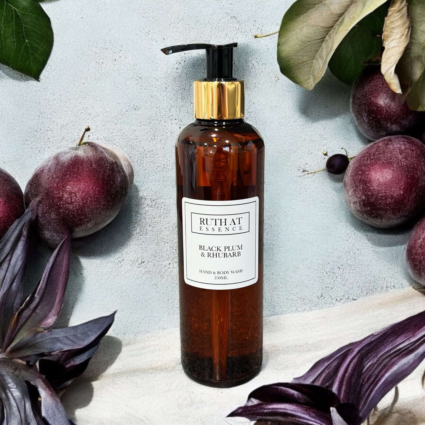Black Plum & Rhubarb hand & body wash, vegan friendly with aromatic summer notes.