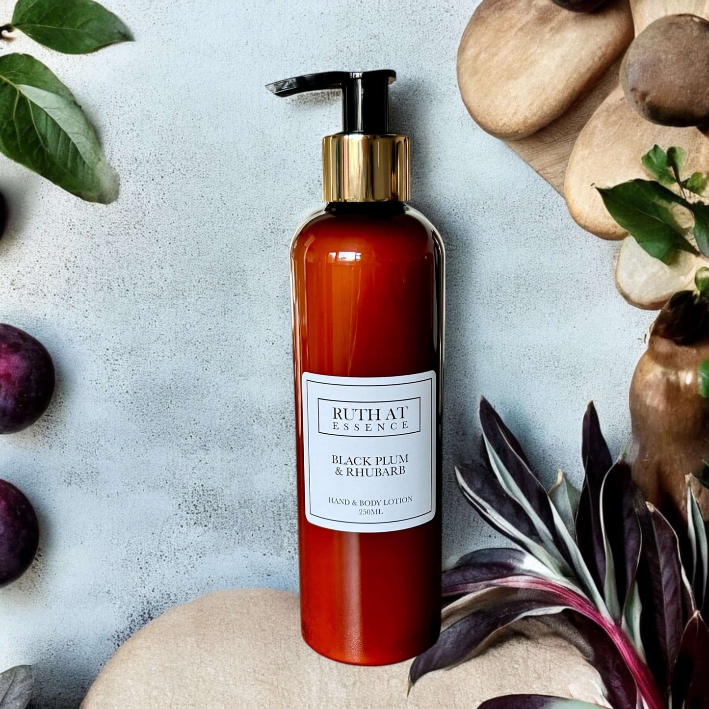 Black Plum & Rhubarb Hand & Body Lotion 250ml, vegan friendly, aromatic scent, fresh summer fragrance.