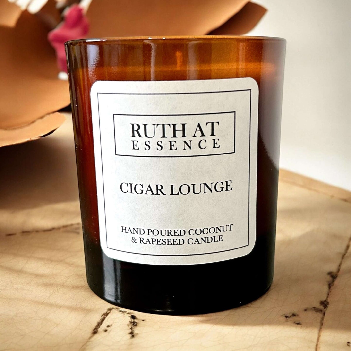 Handmade Cigar Lounge candle in amber jar, made from vegan-friendly coconut and rapeseed wax, offering a smoky fragrance.