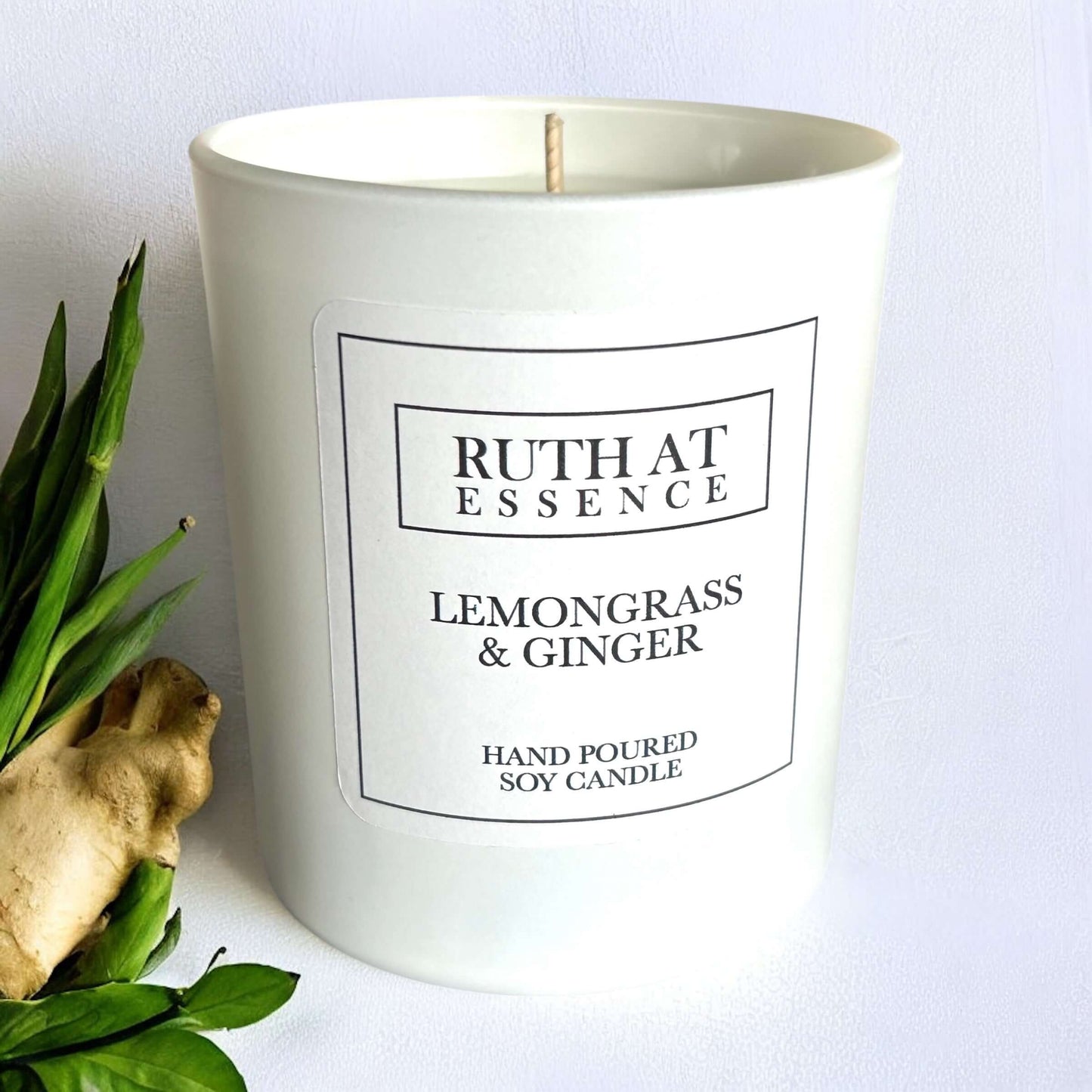 Handmade Lemongrass & Ginger candle, vegan friendly, hand poured soy candle, calming fragrance in white container.