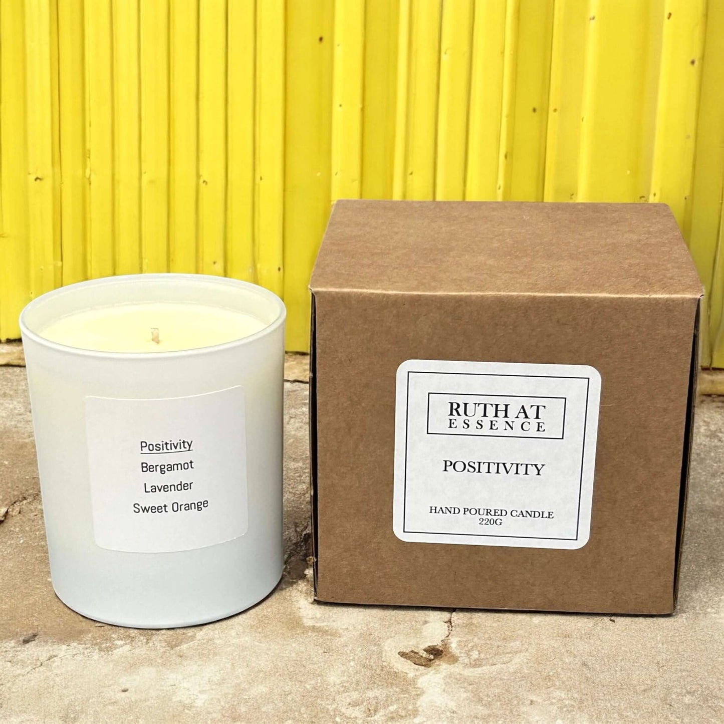 Handmade Positivity Candle 220g with lavender and citrus oils, vegan friendly for mood-boosting benefits.
