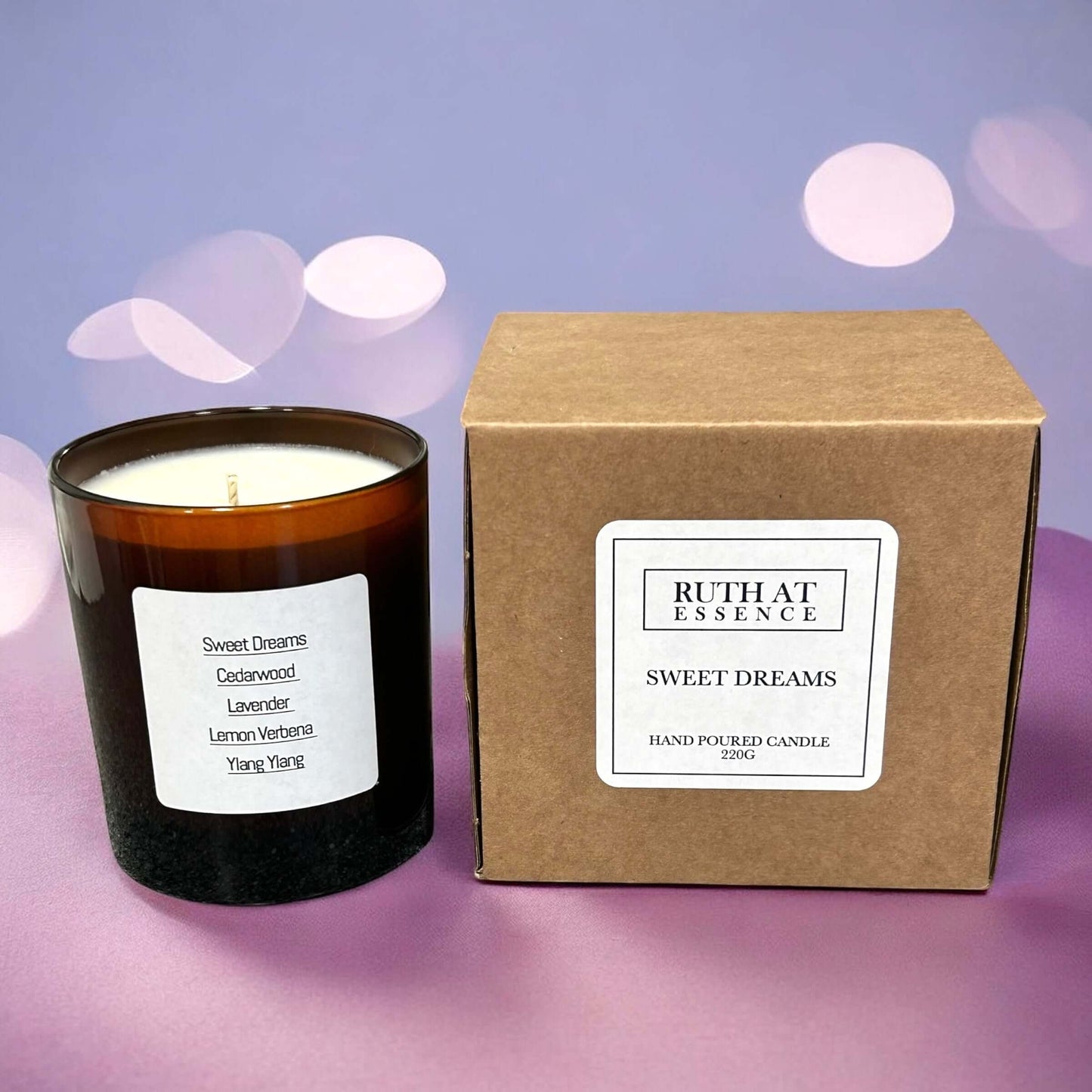 Sweet Dreams handmade candle 220g, hand poured with essential oils for better sleep and relaxation, vegan friendly.