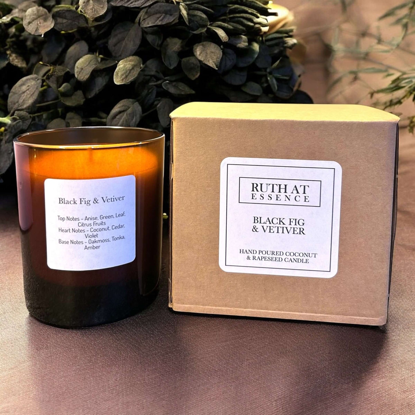 Handmade Black Fig & Vetiver candle with box, vegan-friendly, aromatic fragrance in amber glass.