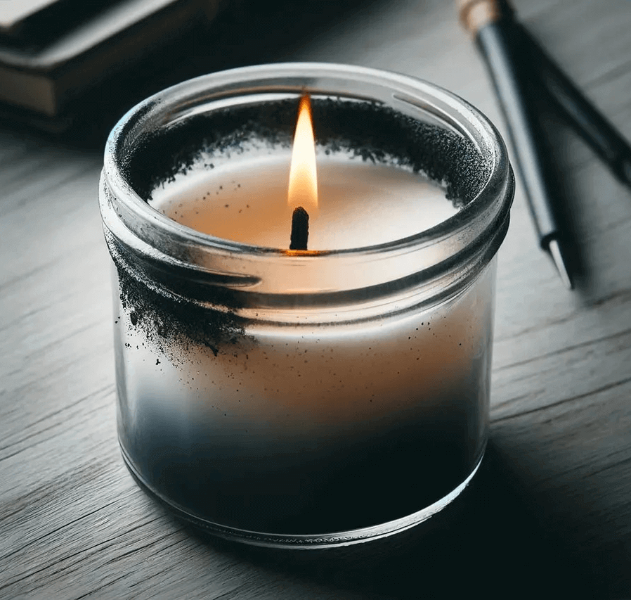 A candle with black smoke residue, burning on a wooden surface, highlighting soot accumulation.