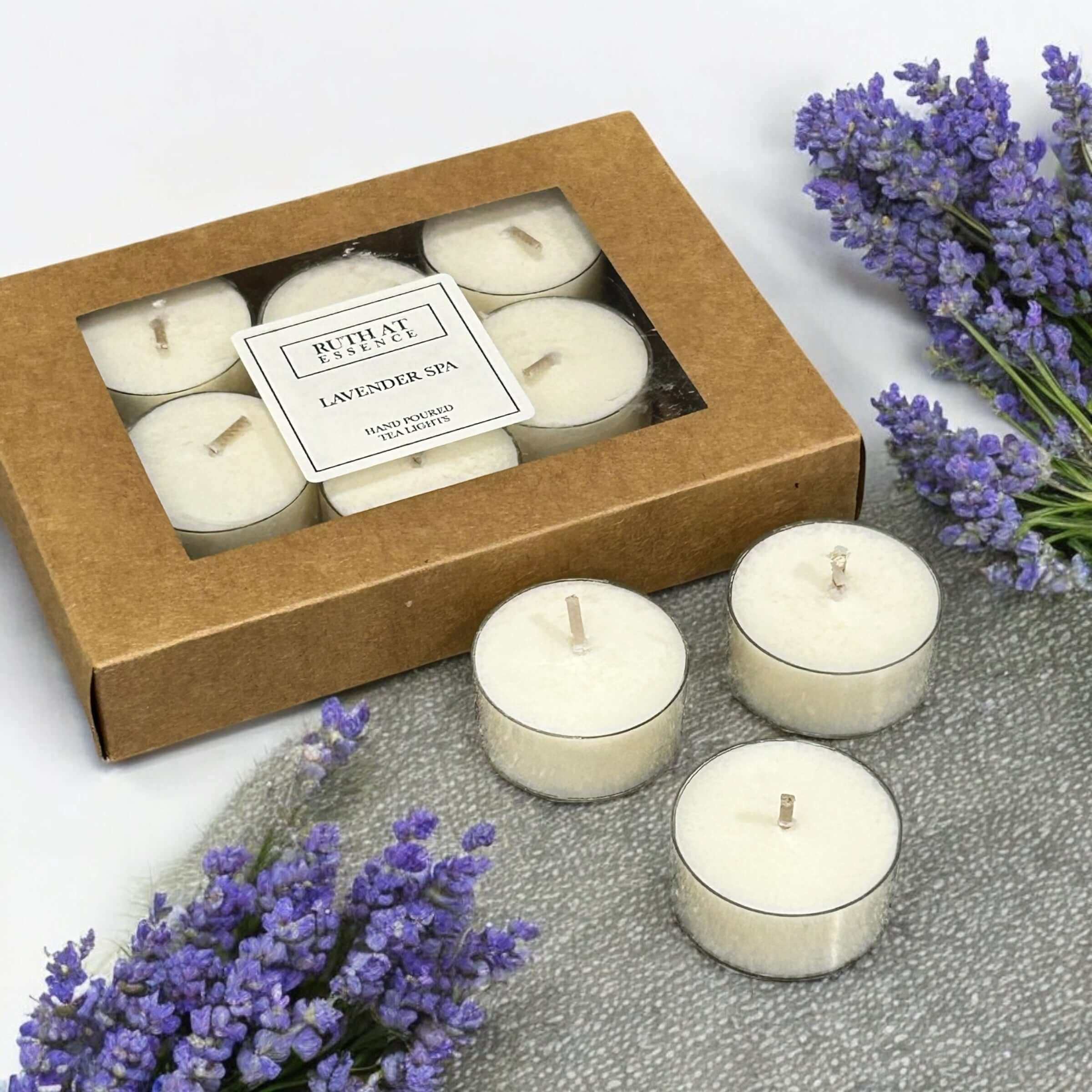 Handmade lavender spa tea lights box with vegan friendly candles.